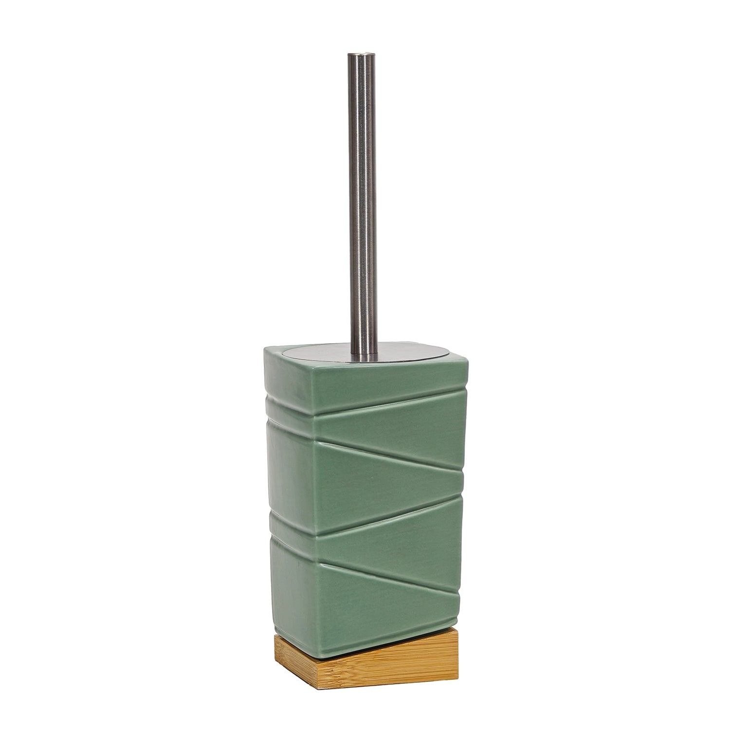 VESTIAMO CASA - Portascopino con Scopino in Ceramica Verde e Bamboo Design Geometrico - h32x11x11 cm